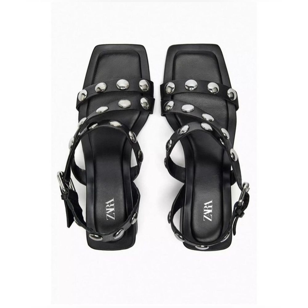 NEW Zara Size 6 / EU 36 Black Studded Leather Heels Sandals - Picture 2 of 4